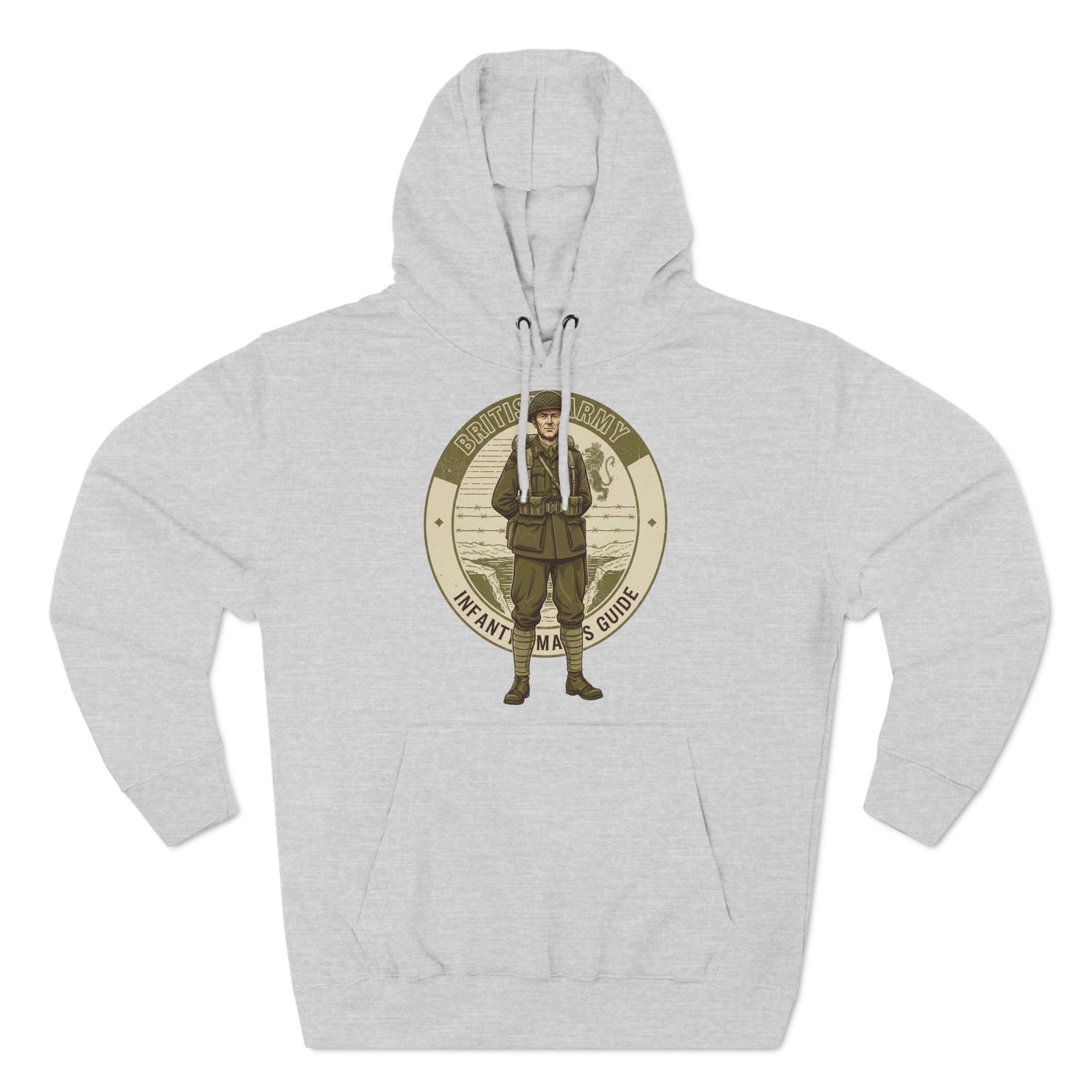 Gray hoodie by S&W Gallus with a vintage illustration of a British Army infantryman on the chest.