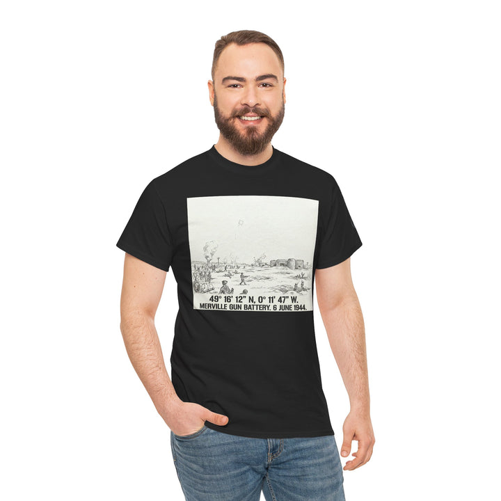 Black graphic t-shirt by Veteran Owned, featuring a Normandy sketch and lettering; worn with blue jeans.