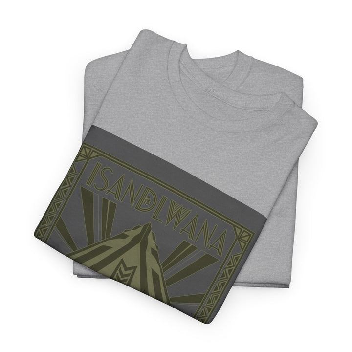 Isandlwana Festival Tee featuring bold “M” pyramid graphic. Outdoor music shirt inspired by iconic landscape vibes.