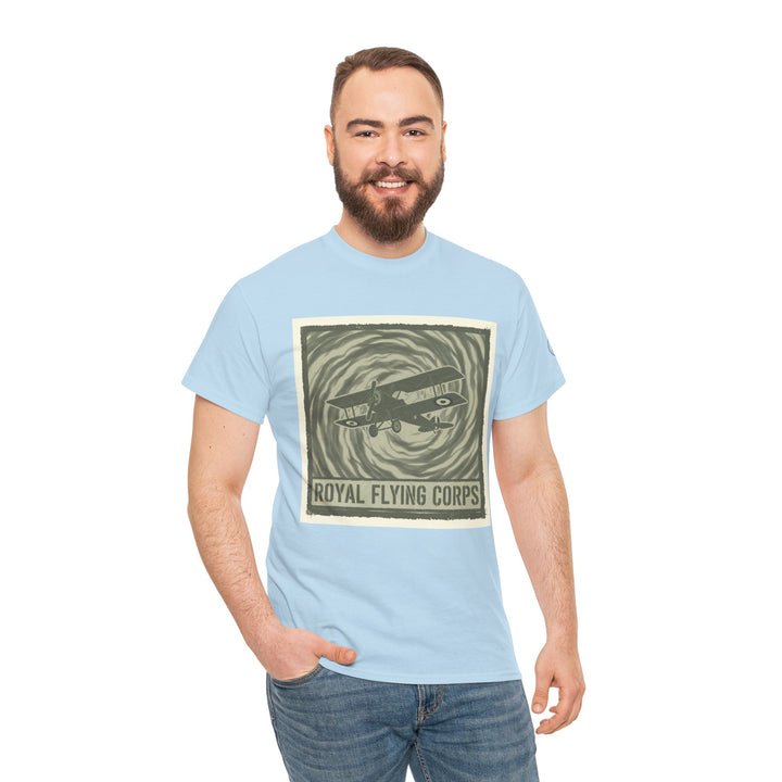 Light blue t-shirt by S&amp;W Gallus featuring a vintage Royal Flying Corps airplane graphic, worn with jeans.