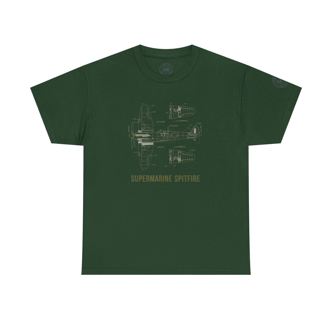 Olive green t-shirt with Supermarine Spitfire blueprint graphic by S&amp;W Gallus, displaying the aircraft&