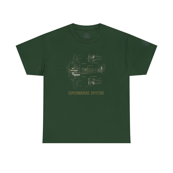 Olive green t-shirt with Supermarine Spitfire blueprint graphic by S&amp;W Gallus, displaying the aircraft&
