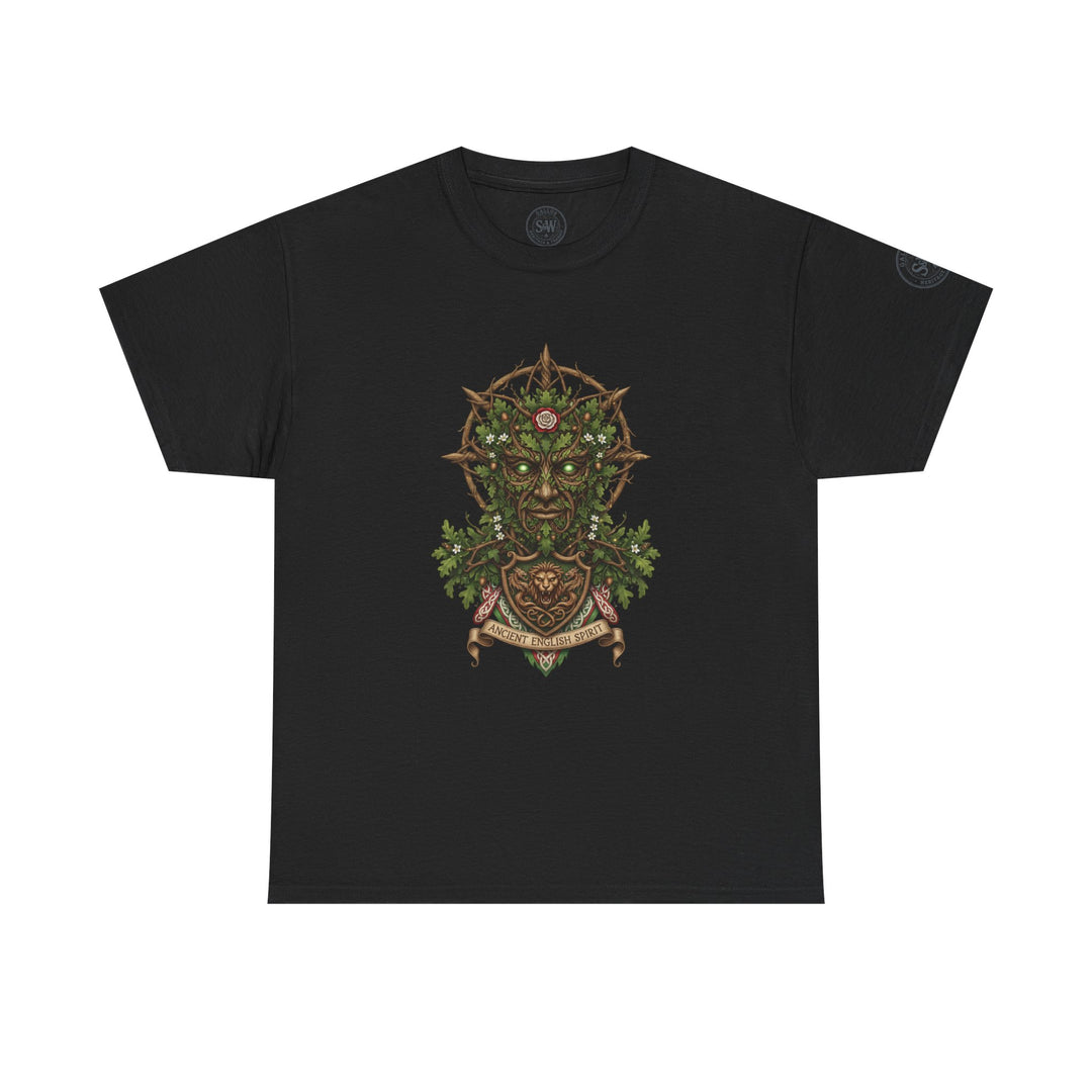 Black T-shirt by S&amp;W Gallus with the mythic England Green Man design on the chest.