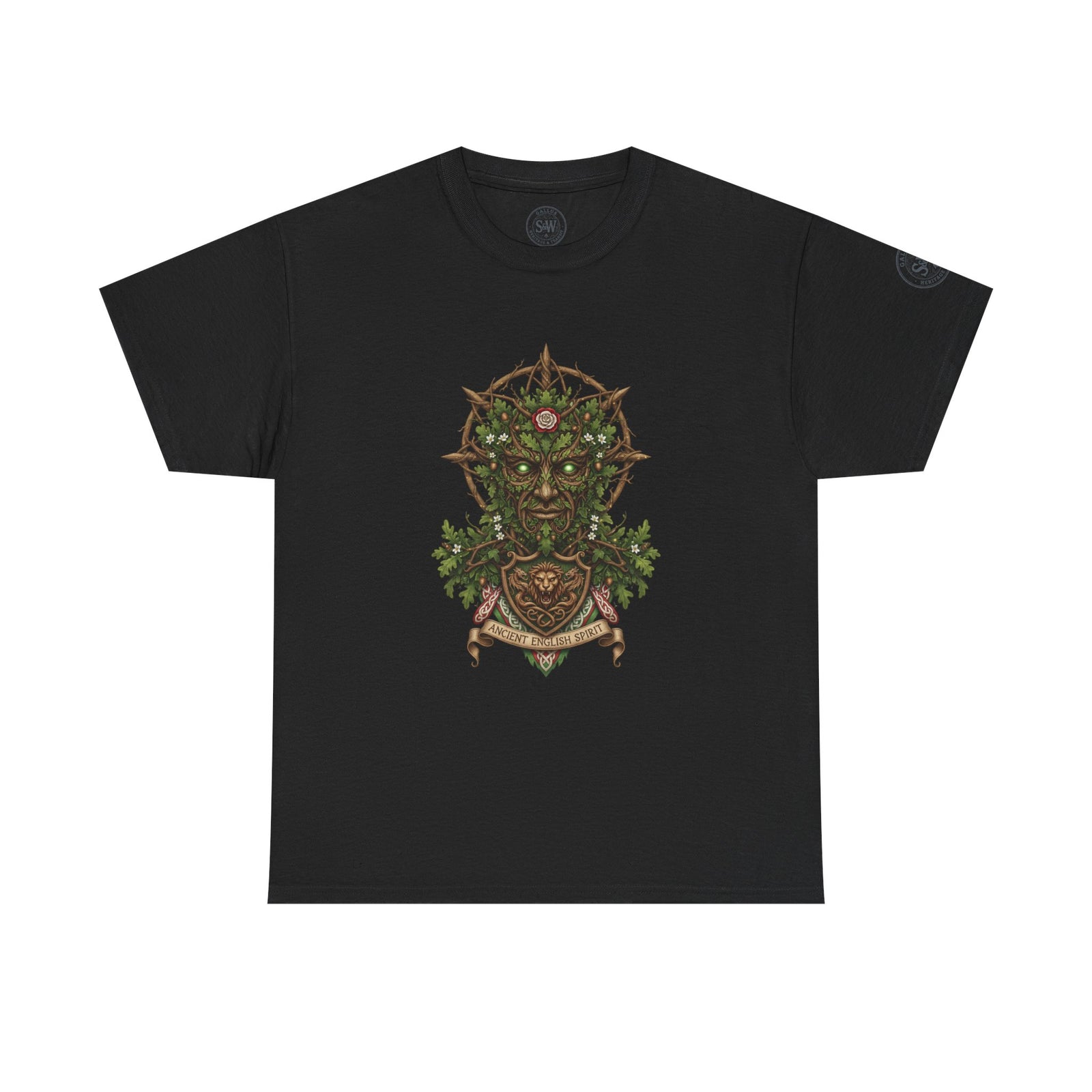 Black T-shirt by S&W Gallus with the mythic England Green Man design on the chest.