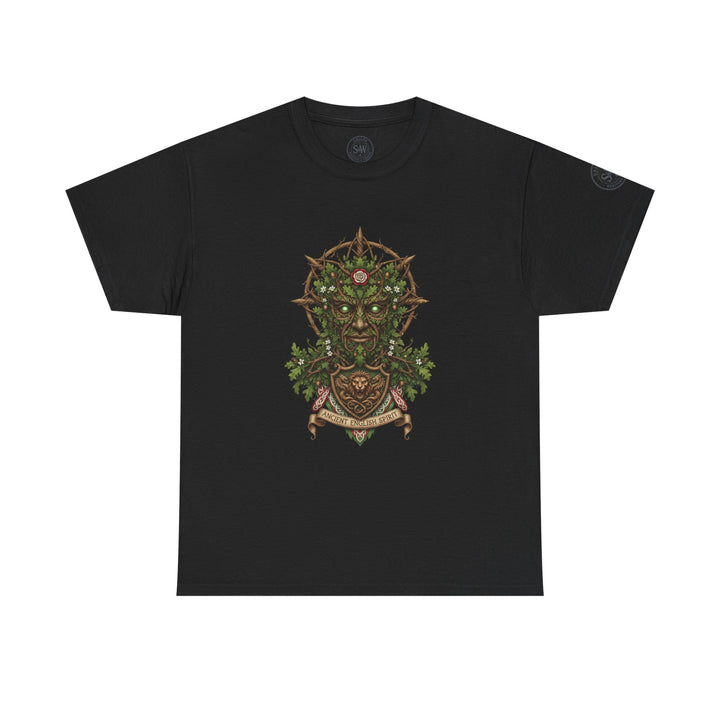 Black T-shirt by S&amp;W Gallus with the mythic England Green Man design on the chest.