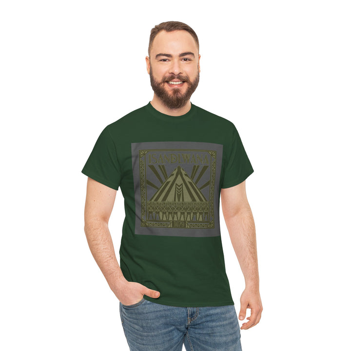Isandlwana Festival Tee featuring bold “M” pyramid graphic. Outdoor music shirt inspired by iconic landscape vibes.