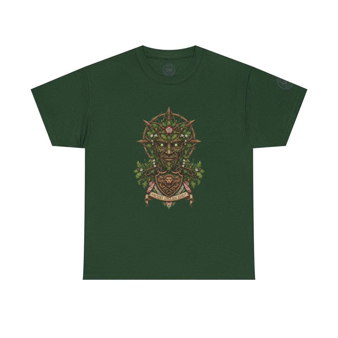 Forest green t-shirt by S&amp;W Gallus featuring an ancient English spirit graphic on the front.
