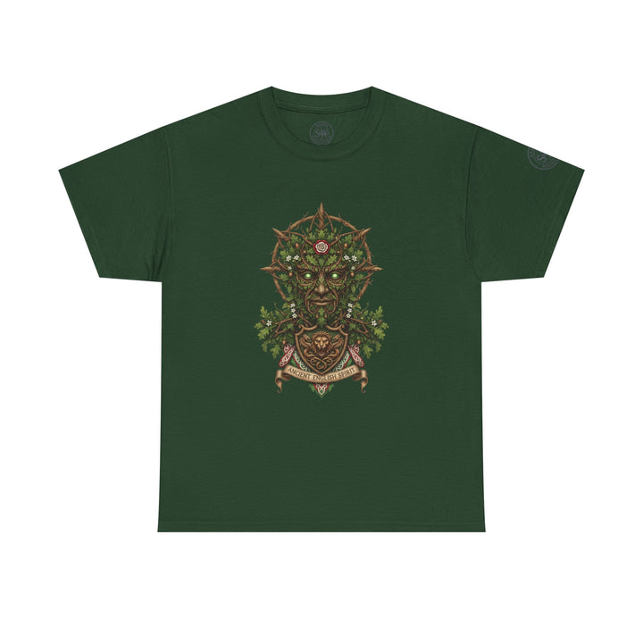 Forest green t-shirt by S&amp;W Gallus featuring an ancient English spirit graphic on the front.