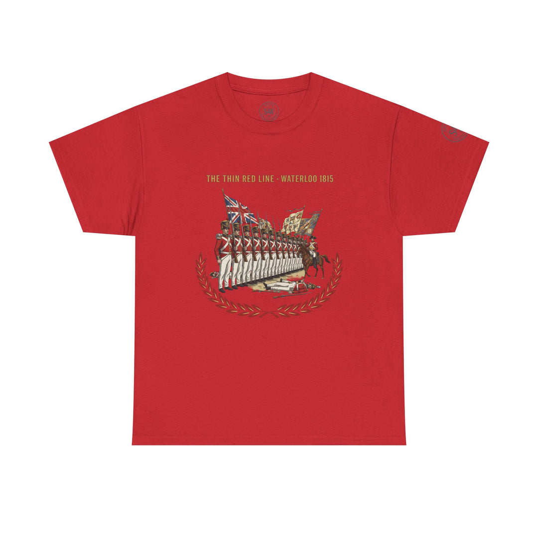 Red t-shirt by S&amp;W Gallus with a graphic print of the Thin Red Line at Waterloo 1815.