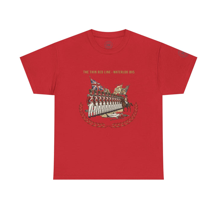 Red t-shirt by S&amp;W Gallus with a graphic print of the Thin Red Line at Waterloo 1815.