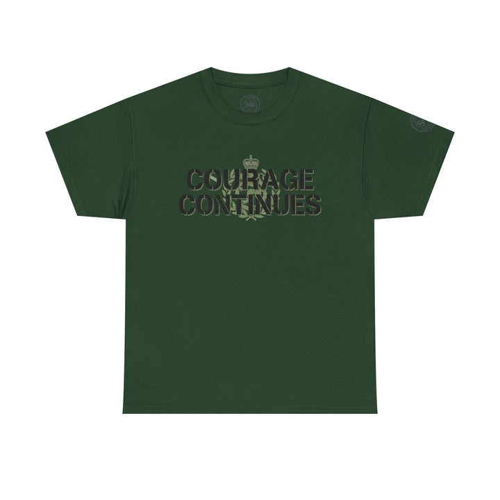 Green t-shirt by S&amp;W Gallus with "Courage Continues" graphic, featuring crown and wreath design elements.