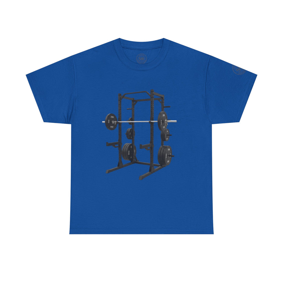 Blue t-shirt by S&amp;W Gallus, displaying a black power rack graphic with weight plates on the front.