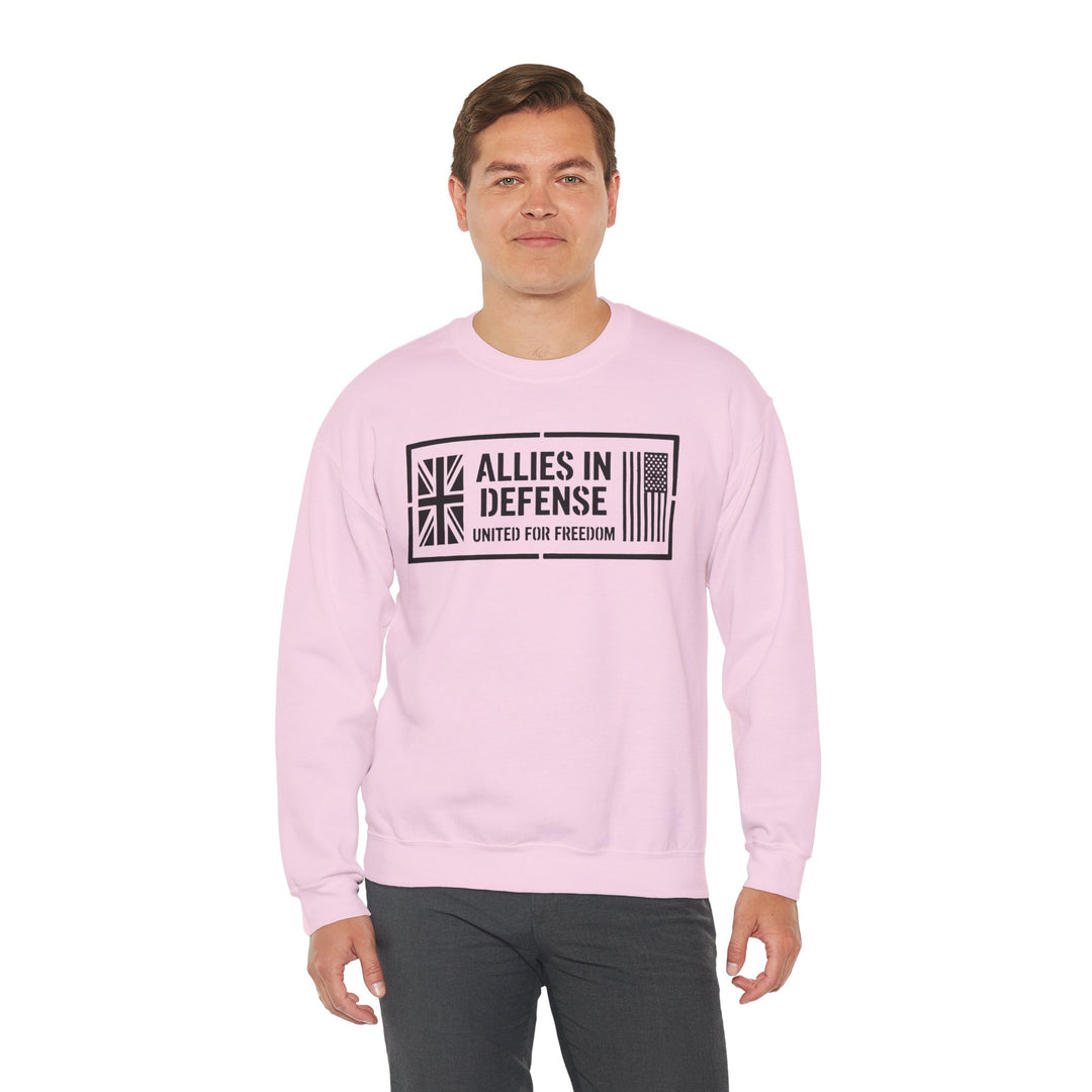Pink crewneck sweatshirt with a graphic by S&amp;W Gallus, displaying flag imagery and "Allies in Defense" text, paired with gray pants.