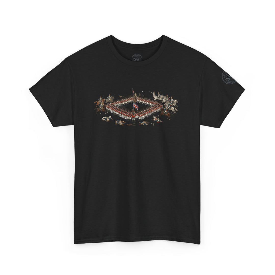 Black Waterloo Square Tee by S&amp;W Gallus, featuring an image of soldiers in red coats and cavalry on horses.
