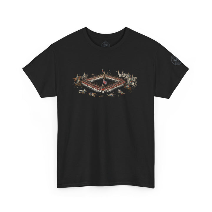 Black Waterloo Square Tee by S&amp;W Gallus, featuring an image of soldiers in red coats and cavalry on horses.
