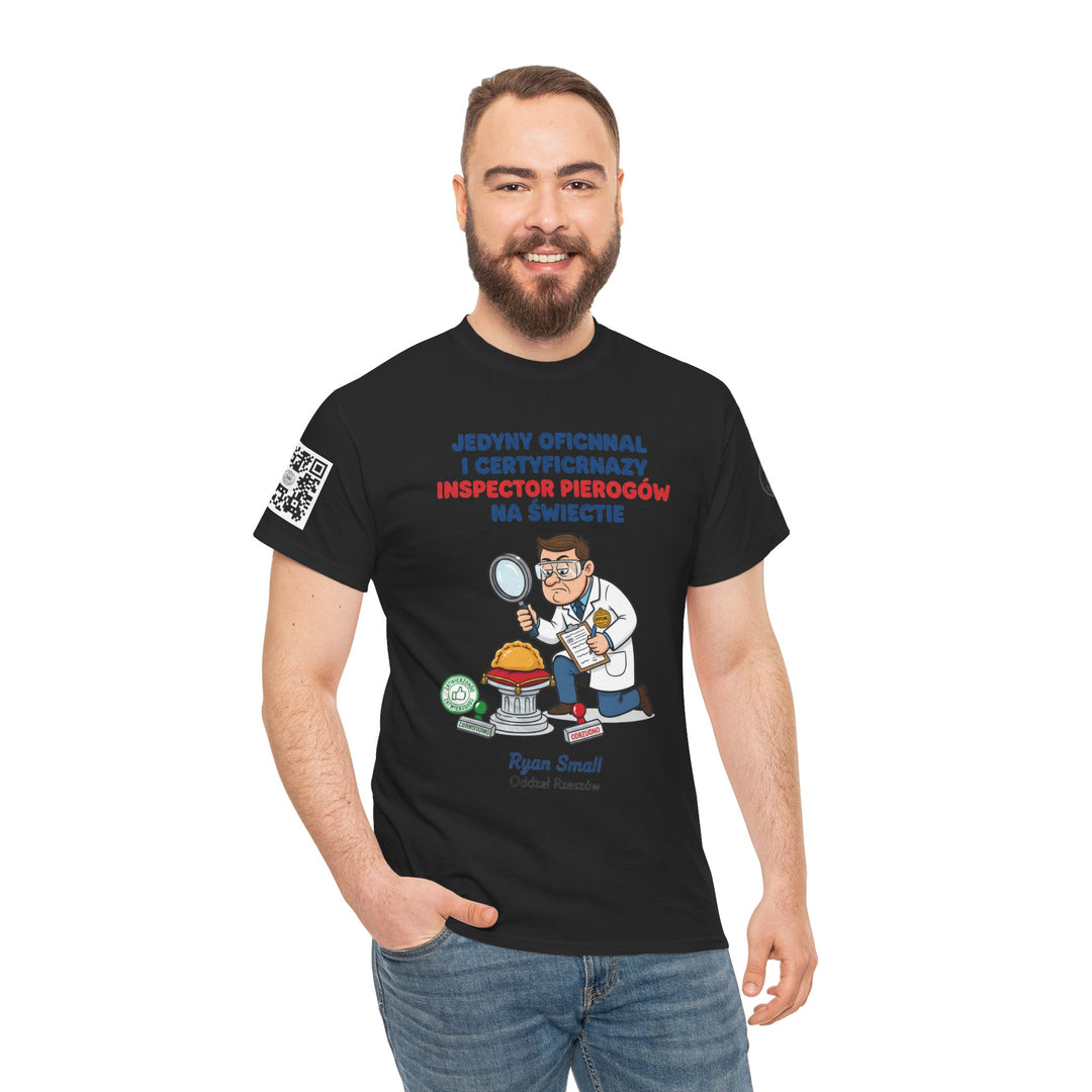 Black t-shirt with pierogi inspector graphic by S&amp;W Gallus, worn with jeans by a bearded man.
