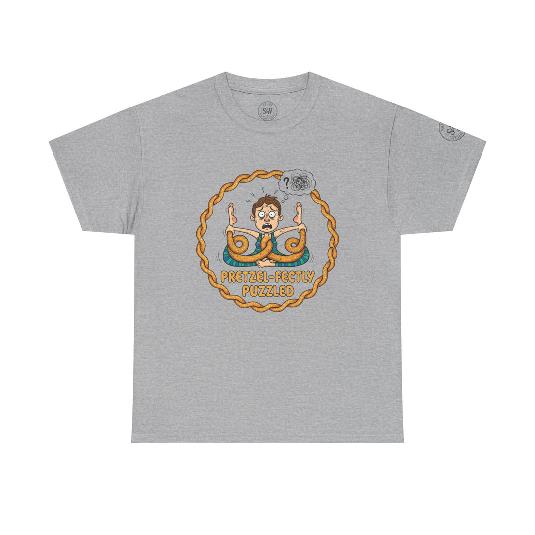Gray t-shirt by S&amp;W Gallus featuring a cartoon graphic of a man in a pretzel yoga pose.