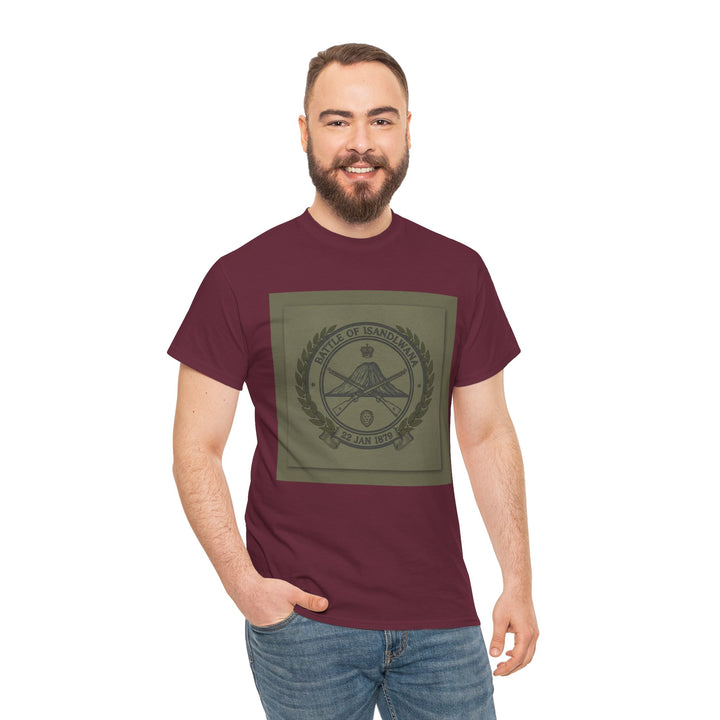 Isandlwana vintage military emblem crewneck T-shirt. Heritage graphic design inspired by historic battlefield legacy.