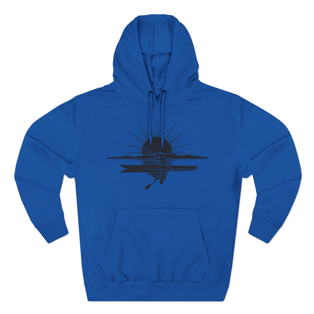 Royal blue fleece hoodie by S&amp;W Gallus featuring a graphic of a kayaker at sunset.