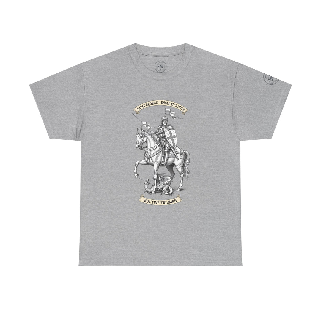 Gray England Saint George tee by S&amp;W Gallus with a graphic of a knight on horseback.