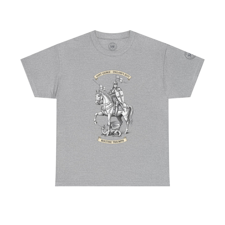 Gray England Saint George tee by S&amp;W Gallus with a graphic of a knight on horseback.