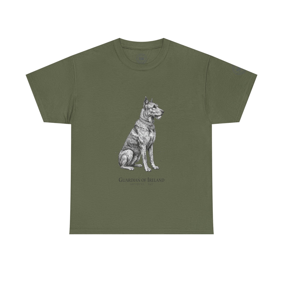 Olive drab t-shirt by S&amp;W Gallus, featuring a graphic print of an Irish Wolfhound and text on the front.
