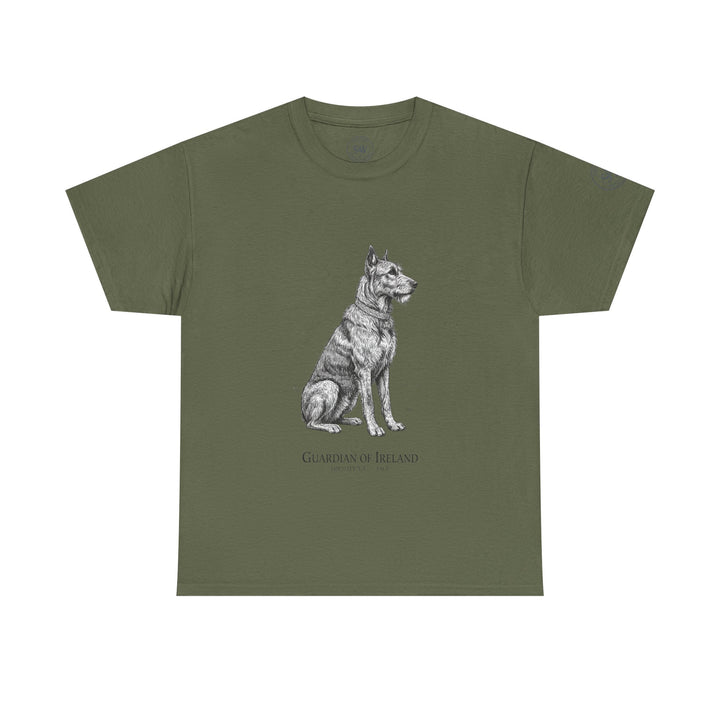 Olive drab t-shirt by S&amp;W Gallus, featuring a graphic print of an Irish Wolfhound and text on the front.
