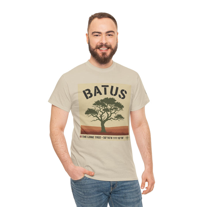 Beige graphic t-shirt by S&amp;W Gallus featuring a vintage safari tree graphic, styled with jeans.