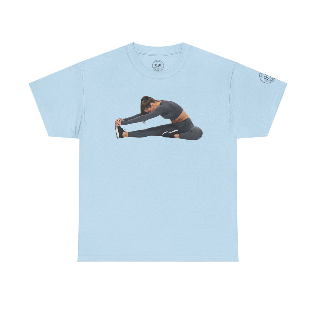 Light blue T-shirt by S&amp;W Gallus, featuring a print of a woman doing a seated forward bend yoga pose.