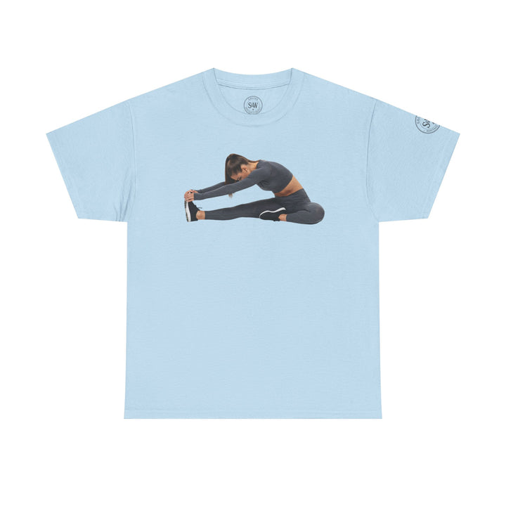 Light blue T-shirt by S&amp;W Gallus, featuring a print of a woman doing a seated forward bend yoga pose.