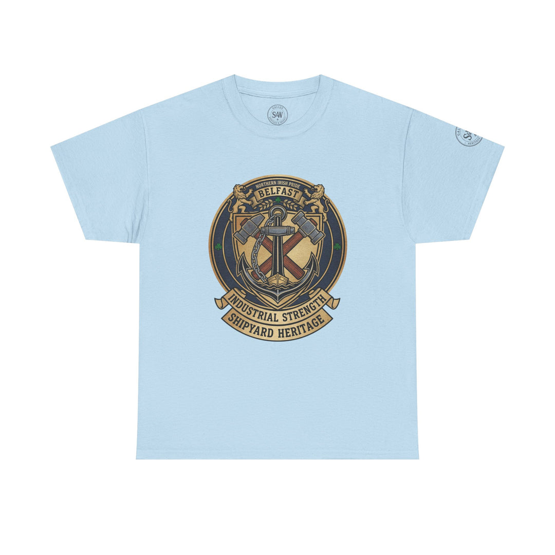 Light blue t-shirt by S&amp;W Gallus, featuring a Belfast shipyard heritage logo in the center.