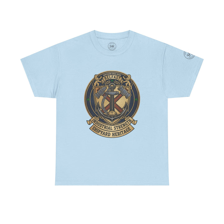 Light blue t-shirt by S&amp;W Gallus, featuring a Belfast shipyard heritage logo in the center.