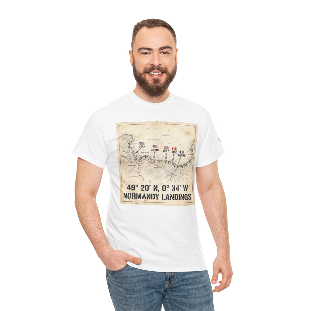 White t-shirt with a Normandy Landings map by Veteran owned, worn with jeans by a smiling man.