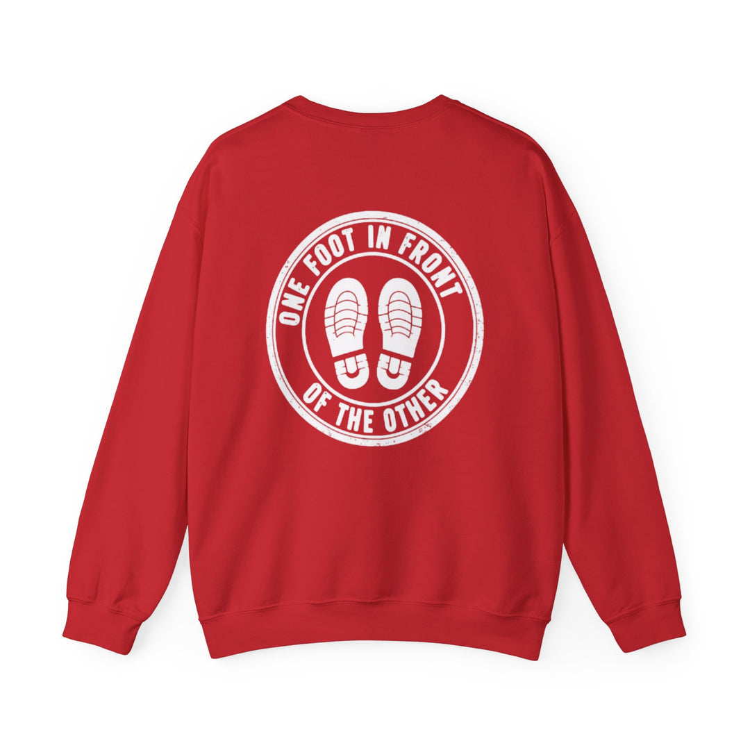 Gallus Crewneck Sweatshirt — "One Foot in Front of the Other" Motivational Red Pullover