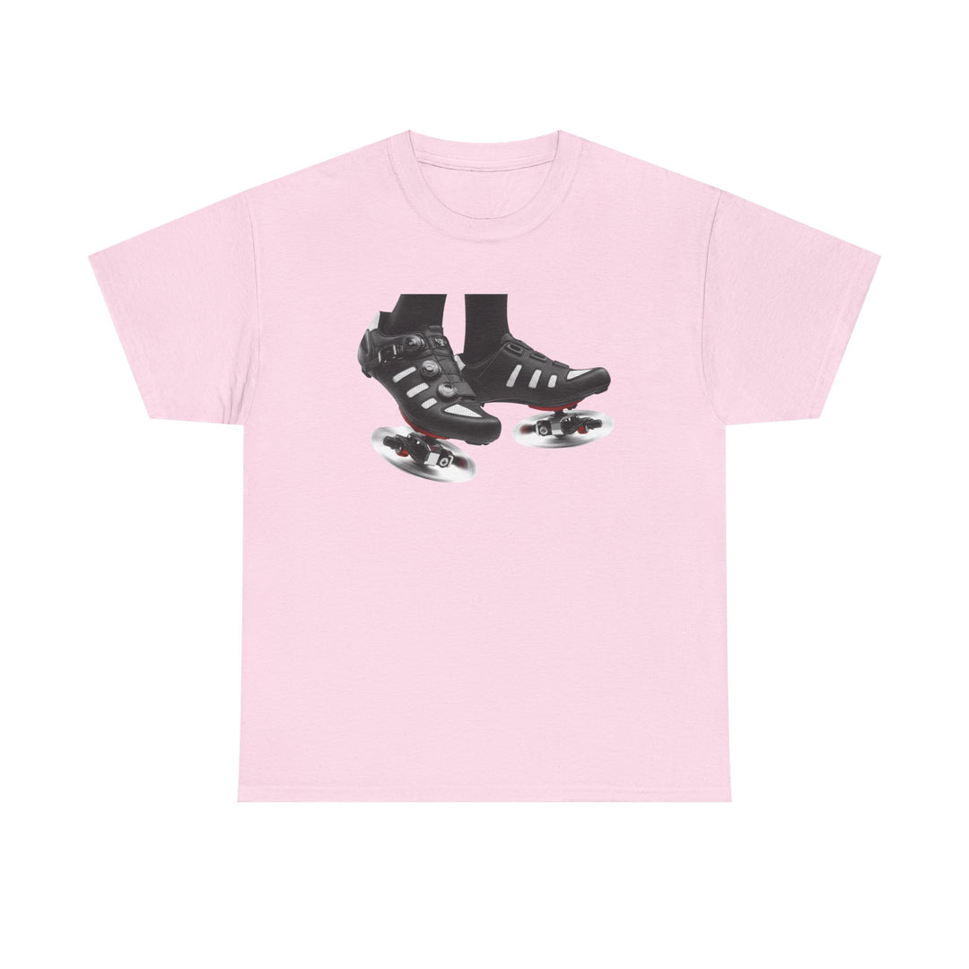 Spin Shoes Tee – soft, breathable cotton featuring a cycling shoes graphic. Perfect for spin classes, indoor workouts, and casual activewear.