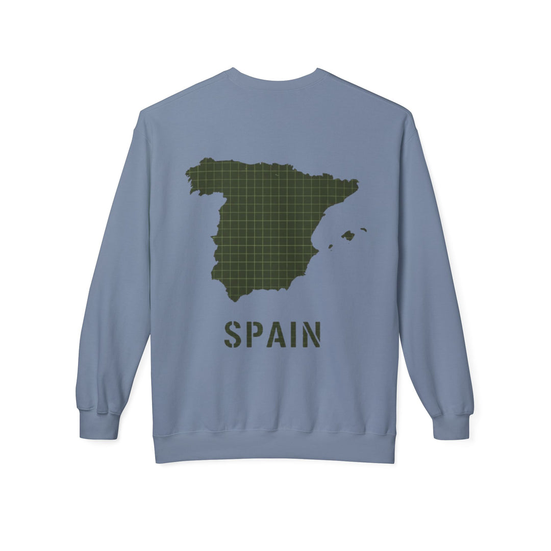 Spain Map Crewneck Sweatshirt — Military Green Grid Spain Graphic
