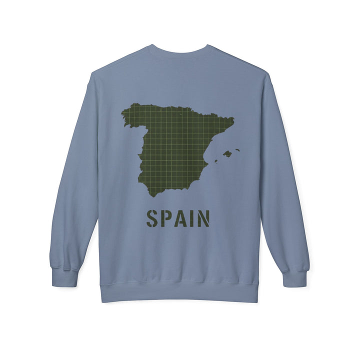 Spain Map Crewneck Sweatshirt — Military Green Grid Spain Graphic