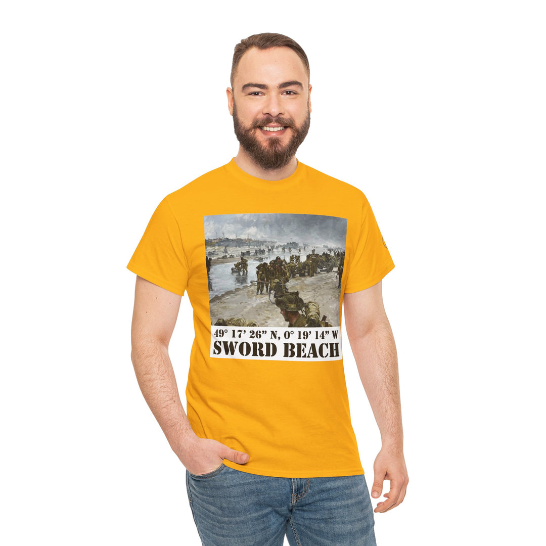 Yellow Sword Beach graphic t-shirt by Veteran Owned, featuring a D-Day military history print, styled with jeans.