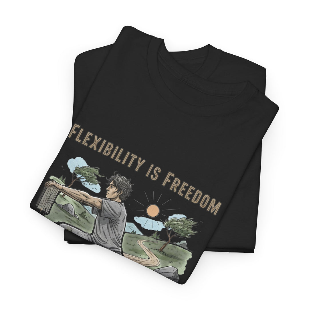 Flexibility Is Freedom Tee – soft, breathable cotton featuring a motivational design. Perfect for yoga, Pilates, stretching, or casual active lifestyle wear.