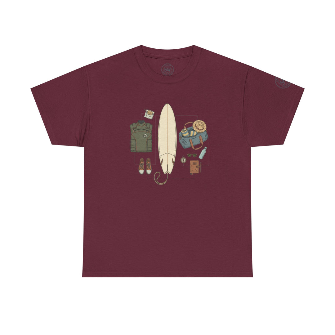 Burgundy t-shirt by S&amp;W Gallus featuring a collection of surfing gear themed graphic on the chest.