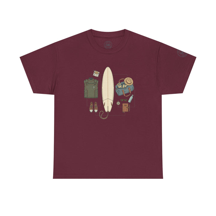 Burgundy t-shirt by S&amp;W Gallus featuring a collection of surfing gear themed graphic on the chest.