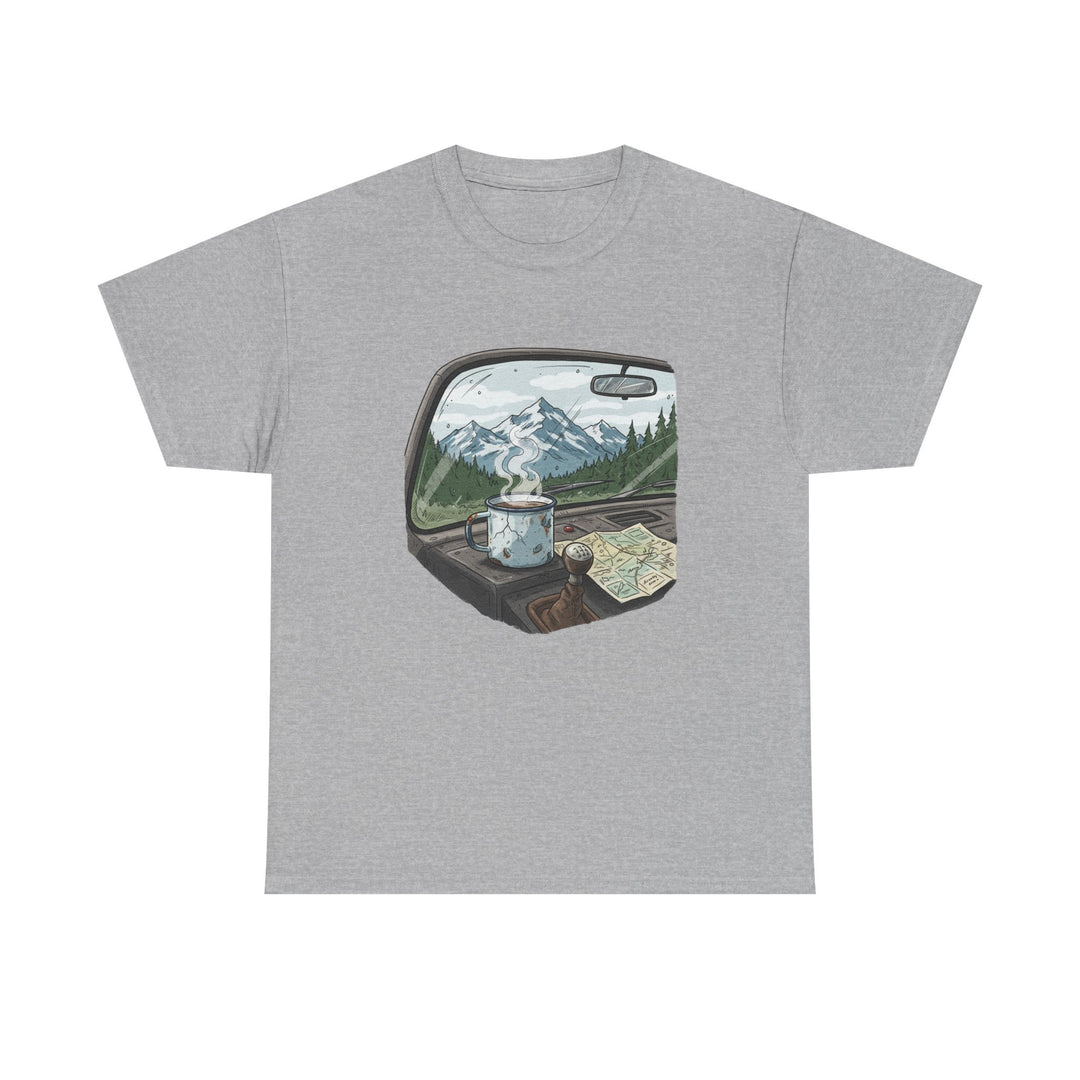 Van Roadtrip View T-Shirt featuring a scenic travel-inspired design. Soft cotton comfort perfect for van life, road trips, and outdoor adventures.