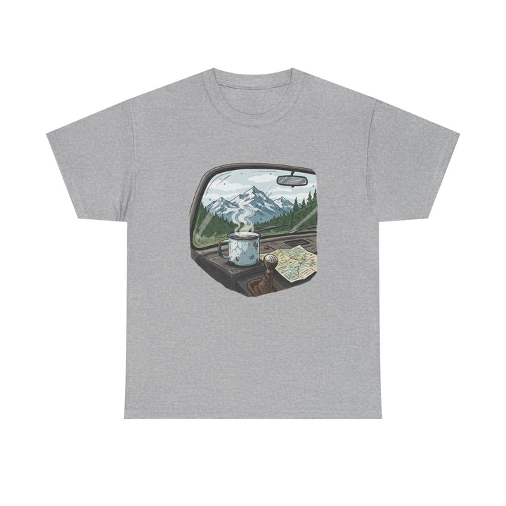 Van Roadtrip View T-Shirt featuring a scenic travel-inspired design. Soft cotton comfort perfect for van life, road trips, and outdoor adventures.