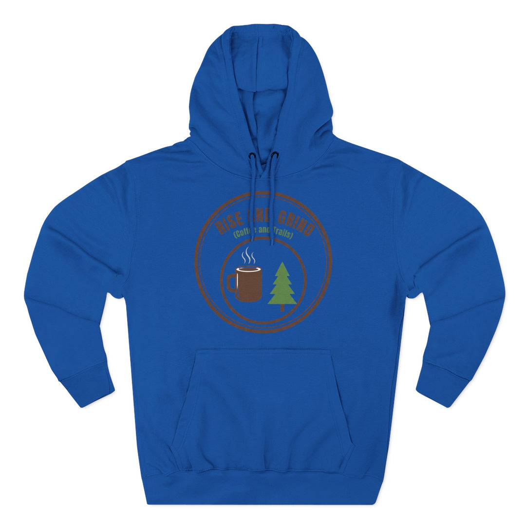 Blue hoodie by S&amp;W Gallus featuring a coffee and trails graphic in a circle with drawstring hood and kangaroo pocket.