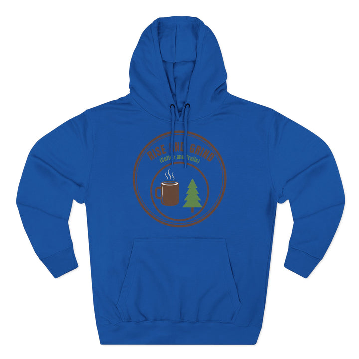 Blue hoodie by S&amp;W Gallus featuring a coffee and trails graphic in a circle with drawstring hood and kangaroo pocket.