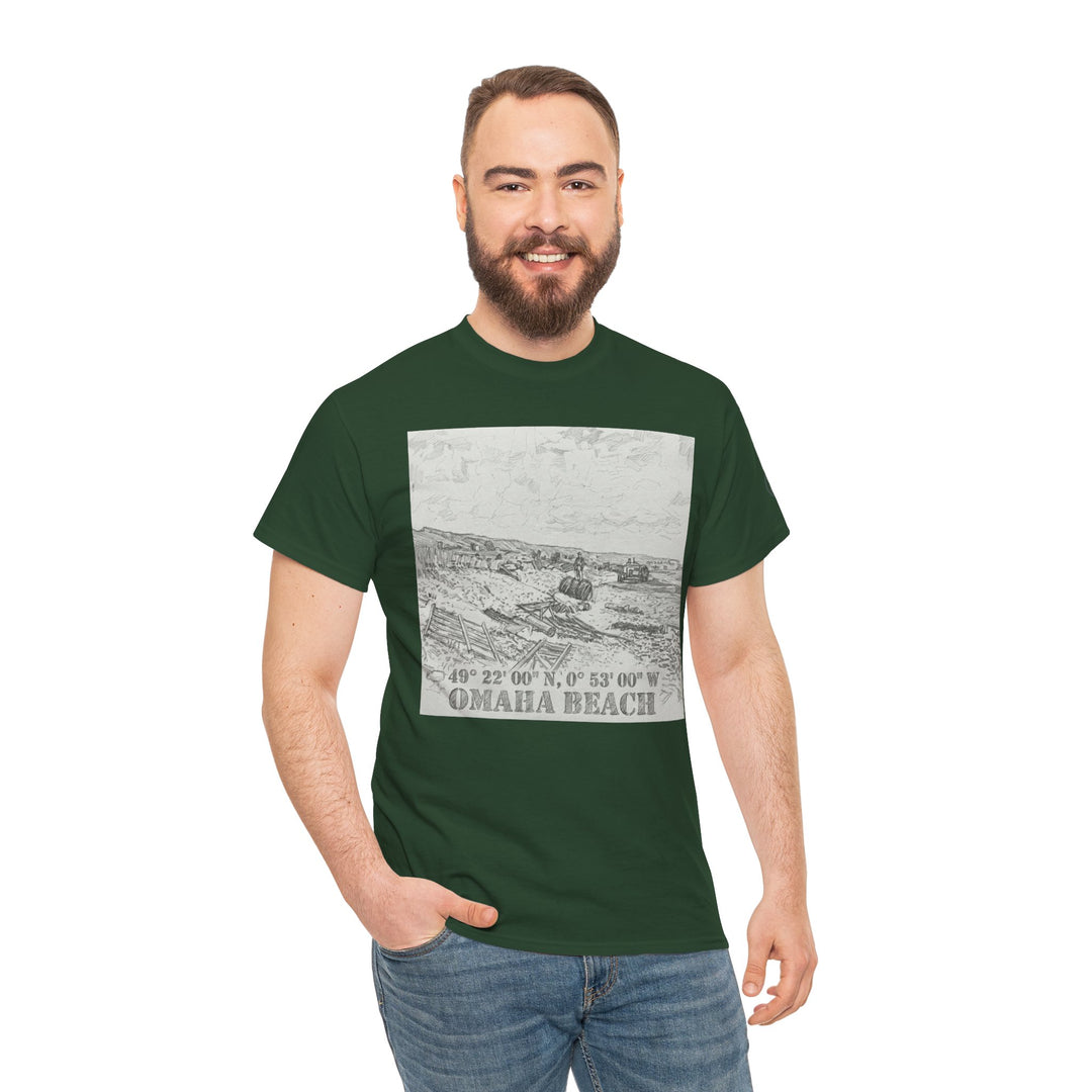 Forest green graphic t-shirt by Veteran owned, featuring an Omaha Beach illustration, worn with jeans.