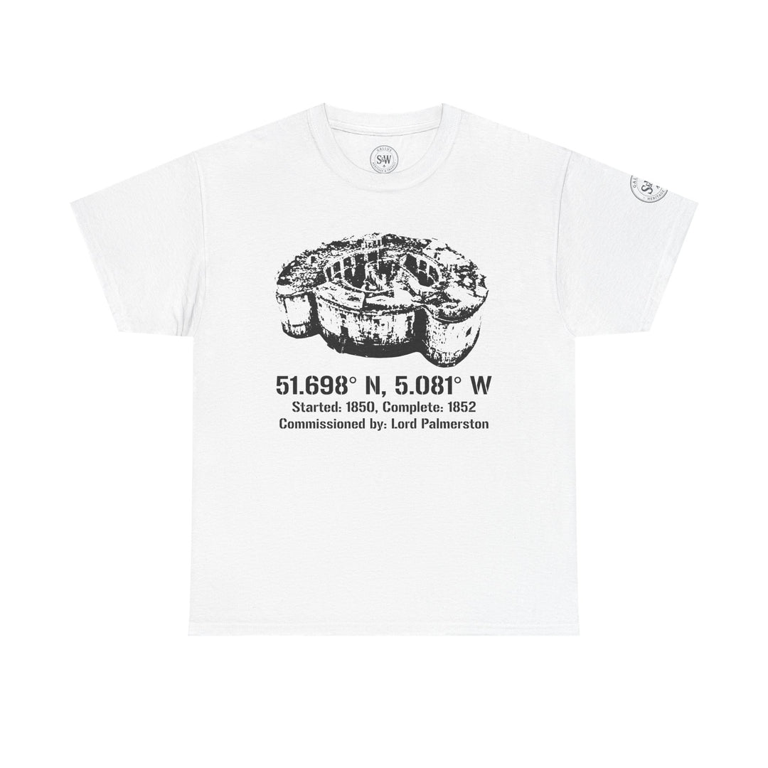 White t-shirt by S&amp;W Gallus, featuring a Stack Rock Fort graphic with coordinates and historical details.