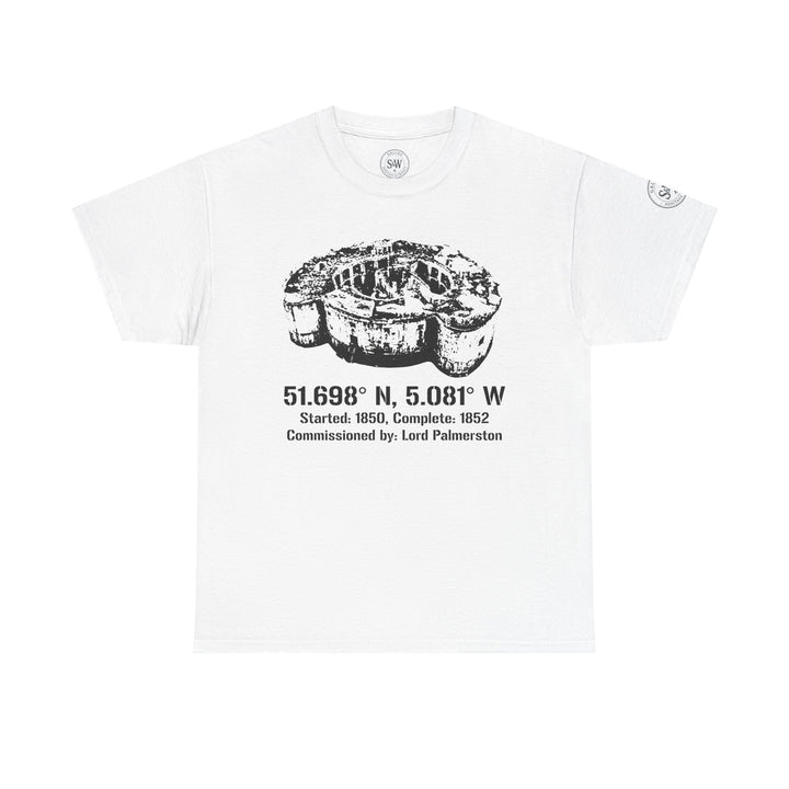 White t-shirt by S&amp;W Gallus, featuring a Stack Rock Fort graphic with coordinates and historical details.