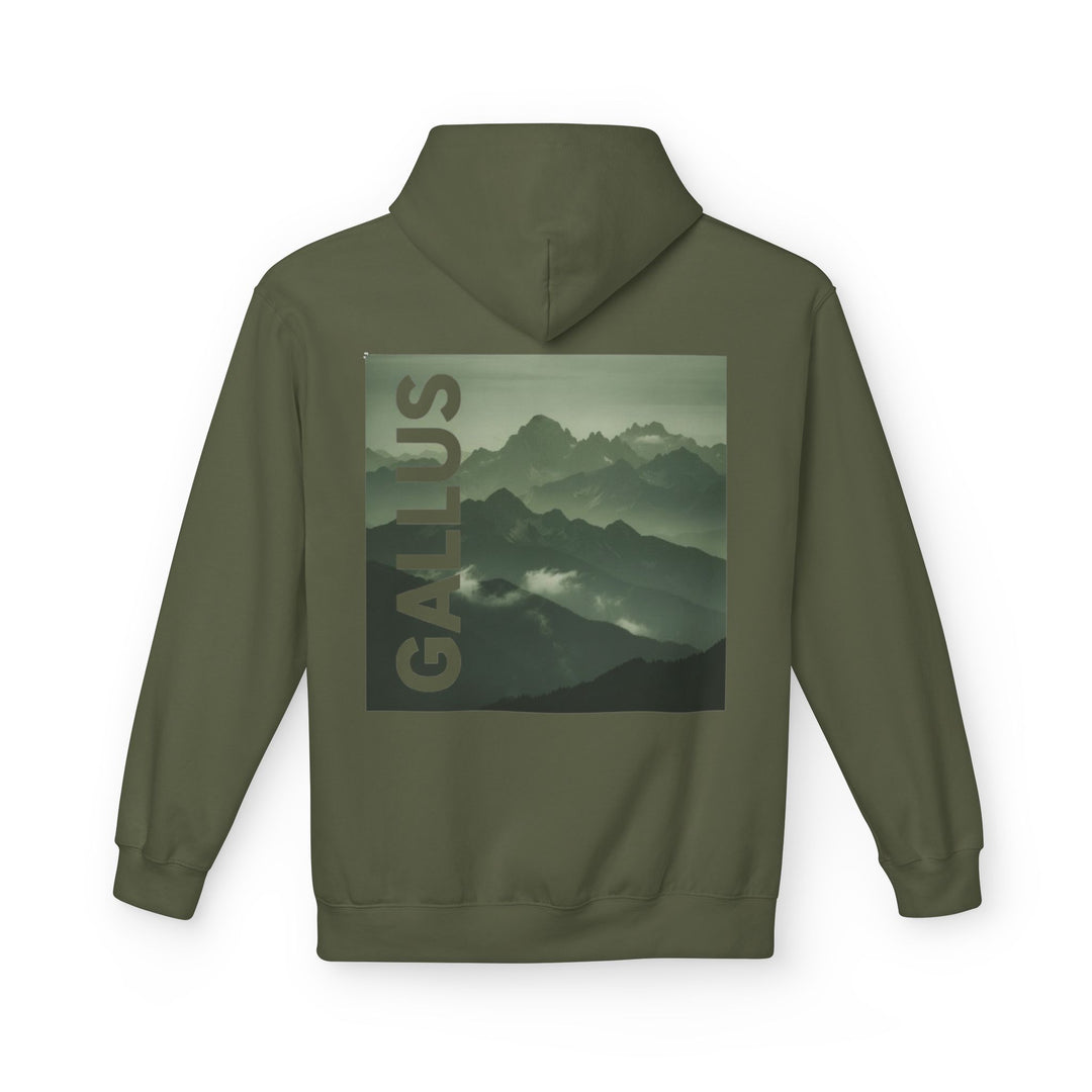 Gallus Mountain Hoodie — Olive Graphic Fleece Pullover with Backscape Print