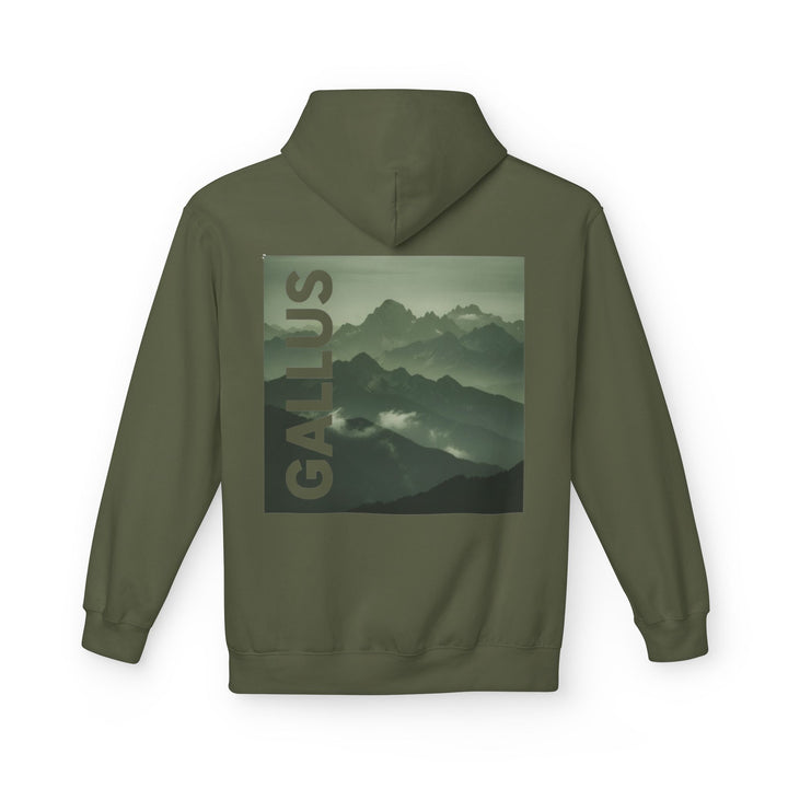 Gallus Mountain Hoodie — Olive Graphic Fleece Pullover with Backscape Print